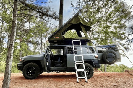 camper on camaping site with rooftop tent