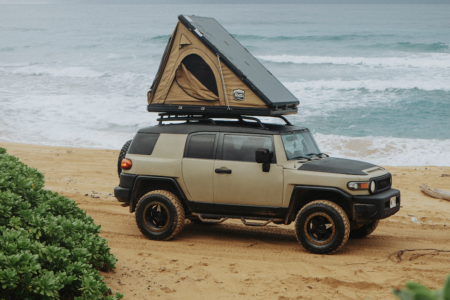 camper truck on sea shore