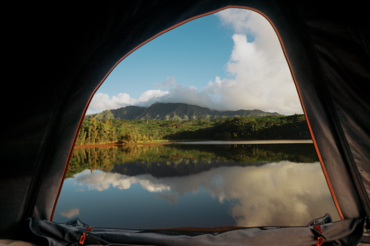 mountains and lake view from tent